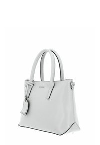 Gray leather handbag with two handles, contrasting black trim, a detachable tag, and a structured design. Features glossy hardware accents.