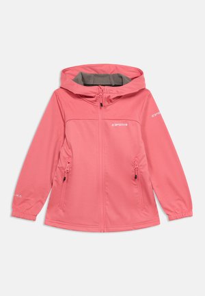 Παιδικό ροζ μπουφάν softshell με κουκούλα, πλήρες φερμουάρ μπροστά, φερμουάρ στα πλαϊνά πορτοφόλια και ελαστικές μανσέτες.