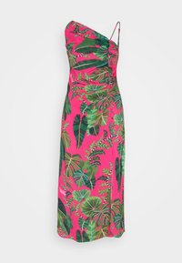 Růžové květinové šaty se zelenými tropickými listovými vzory, s vypasovaným korzetem a splývavou sukní, zdobené tenkými nastavitelnými ramínky.