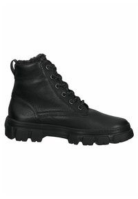 Botas de tobillo de cuero negro con un acabado texturizado, diseño de cordones, forro de piel de pelaje en el puño y suelas de goma resistentes con patrones de agarre.