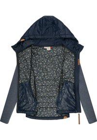 Marinblå huva jacka med quiltad foder i blommönster, dragkedja framtill och grå långärmade ärmar, utlagd platt med synliga innerfickor.