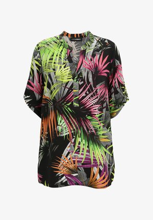 Short-sleeve shirt featuring a black background with vibrant green, pink, and orange palm leaf patterns; relaxed fit and collarless design.