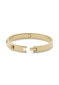 Bracciale a manica in tono oro con una finitura liscia e lucida, caratterizzato da accenti decorativi a raggiera e una chiusura a clasp su un lato.