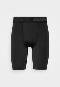Svarta idrottsshorts med en slät textur, med ett brett svart midjeband som är märkt med varumärket "HUMMEL" i fet stil.
