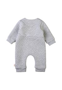 Giocattolo grigio trapuntato per bambini con maniche lunghe, collo rotondo e polsini a coste; presenta una texture liscia e cuciture rinforzate.