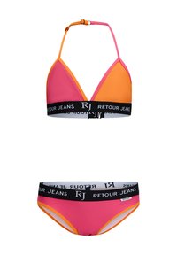Kolorowy zestaw bikini z różowym i pomarańczowym trójkątnym stanikiem z regulowanymi ramiączkami i czarnym paskiem, połączony z pasującymi majtkami.