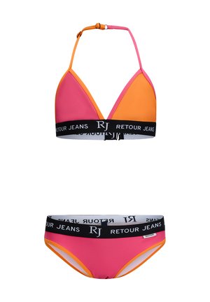 Buntes Bikini-Set mit einem pinken und orangefarbenen Triangel-Oberteil mit verstellbaren Trägern und einem schwarzen Band, kombiniert mit passendem Unterteil.