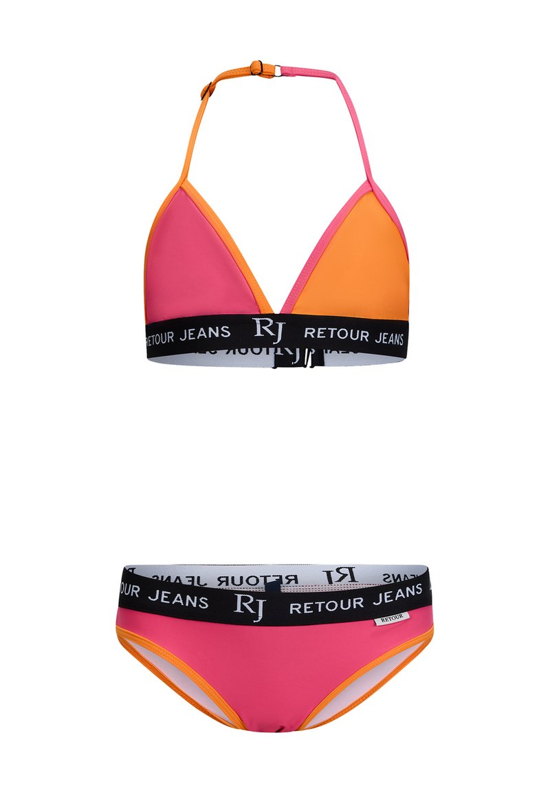 Kolorowy zestaw bikini z różowym i pomarańczowym trójkątnym stanikiem z regulowanymi ramiączkami i czarnym paskiem, połączony z pasującymi majtkami.