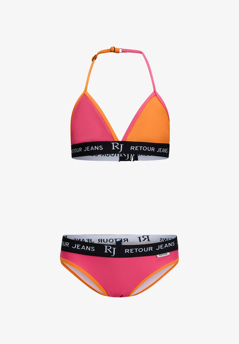 Kleurrijke bikini set met een roze en oranje driehoekstop met verstelbare bandjes en een zwarte rand, gecombineerd met bijpassende bikini onderkant.