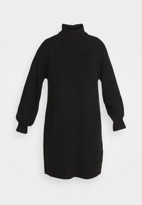 Robe pull noire en tricot avec col roulé, manches raglan, poignets côtelés et fentes latérales. Tissu texturé avec une coupe ample et décontractée.