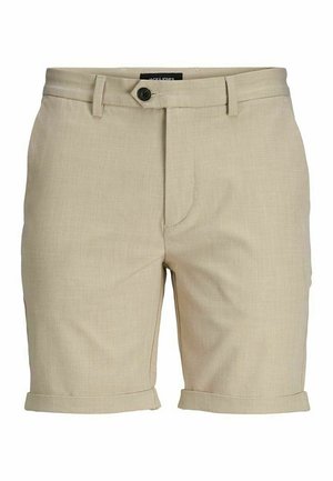 Beige men's tailored shorts with cuffed hems, front button closure, belt loops, and a flat front design.