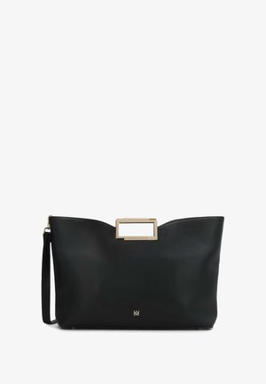 Sac en cuir noir avec une texture brillante, doté d'un accent matériel rectangulaire doré à l'avant, et d'une forme lisse et courbée.