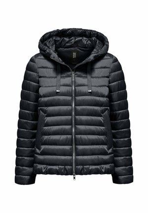 Czarna pikowana lekka kurtka z kapturem, z zamkiem błyskawicznym z przodu i sznurkiem w kapturze, z poziomymi przeszyciami i kieszeniami bocznymi.