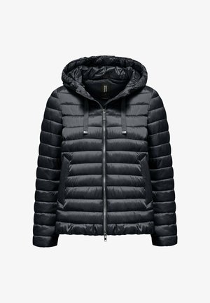 Zwarte doorgestikte lichte jas met capuchon, ritssluiting aan de voorkant en trekkoord in de capuchon, met horizontale stiksels en zijzakken.