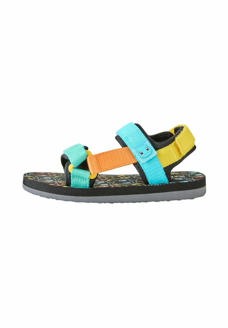 Färgglada sandaler med justerbara strappar i teal, orange och gult, samt en mönstrad svart sula. Inkluderar en dekorativ blå knapp.