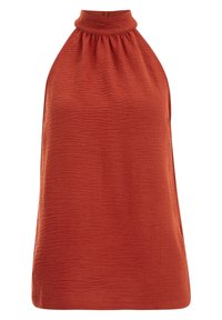 Rostfärgad halterneck-top med en samlad hals, tillverkad av textil med struktur. Har en lös drapering och är ärmlös.