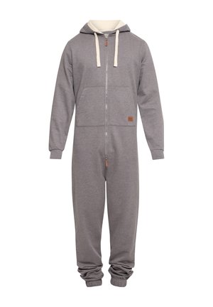 Grå heldrakt med glidelås foran, hette og kremfargede detaljer. Har ribbede mansjetter og en fremre lomme. Stoffet ser mykt og glatt ut.
