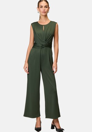Green, sleeveless jumpsuit with a knotted waist detail, a keyhole neckline, and wide legs. Smooth, lightweight fabric with a draped appearance.
