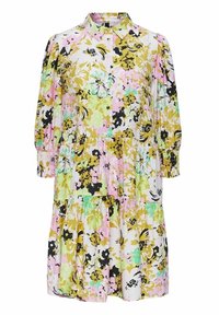Flower jurk met een kraag met knopen, pofmouwen en een gelaagd ontwerp. Kleuren zijn geel, roze, groen, zwart en wit.
