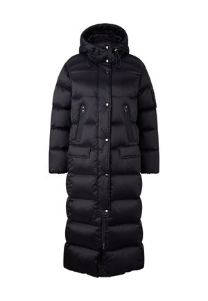 Black padded long coat with a hood, featuring a zip closure, snap buttons, and multiple pockets. Smooth texture, quilted design for warmth.