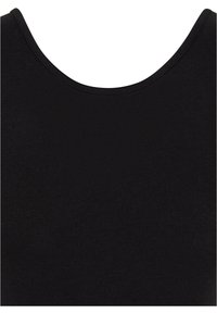 Črna brezrokavna majica z okroglo izrezom. Narejena iz rebrastega, raztegljivega materiala, z gladko teksturo in minimalnim dizajnom.