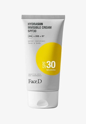 Crema Invisibile Hydrasun SPF 30 in un tubo bianco, con un cerchio giallo brillante. Il testo include "resistente all'acqua" e "pelle sensibile."