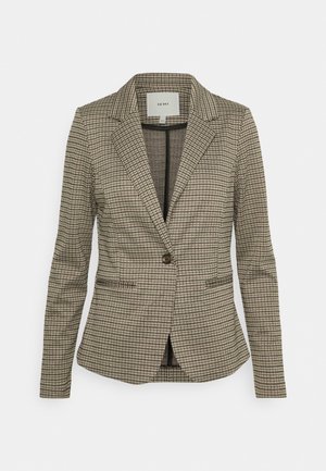 Gestreifter Blazer in Beige und Schwarz. Mit einem Reverskragen, langen Ärmeln, zwei Fronttaschen und einem Einzelknopfverschluss.