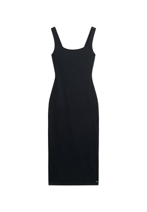 Zwarte mouwloze, aansluitende midi-jurk met brede bandjes en een vierkante halslijn, ontworpen voor een strakke, minimalistische uitstraling.