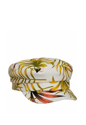 White fabric cap with yellow and orange tropical leaf patterns and a short curved brim.
