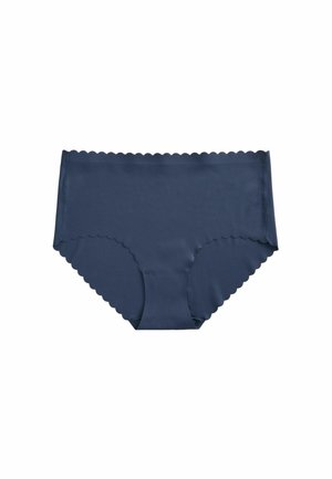 Tamsiai mėlynos be siūlių moteriškos apatinės kelnaitės su banguotais kraštais ir vidutinio aukščio liemeniu, pateiktos ant balto fono.