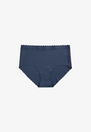 Tamsiai mėlynos be siūlių moteriškos apatinės kelnaitės su banguotais kraštais ir vidutinio aukščio liemeniu, pateiktos ant balto fono.