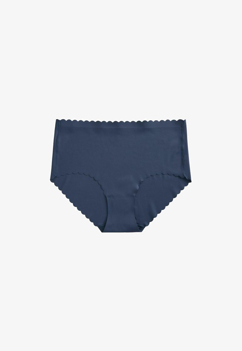 Granatowa, bezszwowa bielizna damska z falbankowymi brzegami i średnim stanem, prezentowana na białym tle.