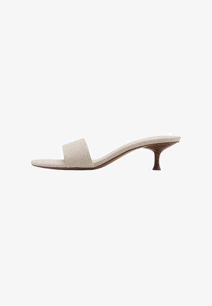 Heel-less sandal with a beige woven fabric upper, open toe, and curved wooden midsole. The design features a smooth texture and minimalist shape.