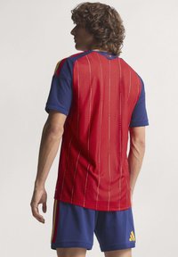 Maglietta sportiva rossa e blu con strisce verticali, dotata di colletto rotondo e maniche corte, realizzata in materiale traspirante.