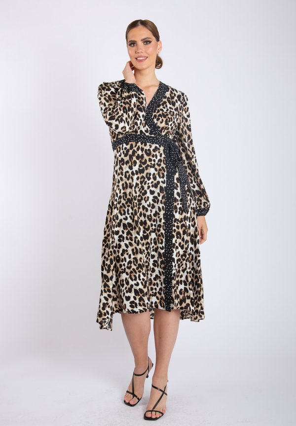 MULTI CONTRAST PANEL ANIMAL MIDI WRAP - Day dress - beige
