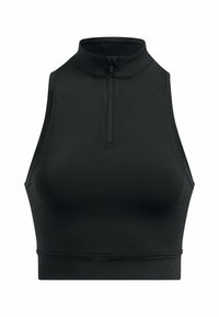 Svart sportcrop top med hög hals och dragkedjestängning, tillverkad av slät, stretchig tyg. Har en figursydd design och inga ärmar.
