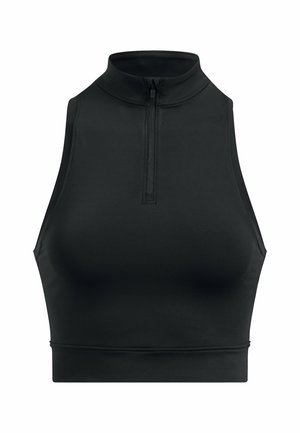 Schwarzes Sport-Crop-Top mit hohem Kragen und Reißverschluss, aus glattem, dehnbarem Stoff gefertigt. Verfügt über ein figurbetontes Design und keine Ärmel.