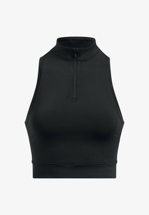Sort sports crop top med høj hals og lynlås, lavet af glat, strækbart stof. Har en tætsiddende design og ingen ærmer.