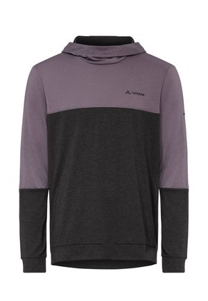 Langärmeliger Hoodie mit zweifarbigem Design in Dunkelgrau und gedämpftem Lila, mit dem Vaude-Logo auf der Brust und am Ärmel.