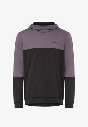 Langärmeliger Hoodie mit zweifarbigem Design in Dunkelgrau und gedämpftem Lila, mit dem Vaude-Logo auf der Brust und am Ärmel.