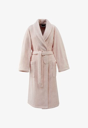 Peignoir de bain rose clair en tissu doux et pelucheux. Il comprend des manches longues, un col châle, une ceinture et deux poches avant.