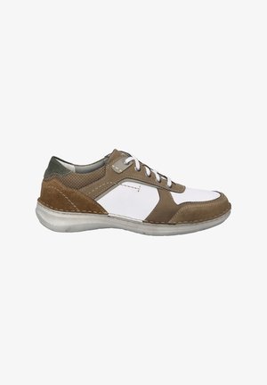 Lace-up sneaker with a mix of white leather and brown suede, featuring a textured upper and a comfortable, flexible rubber sole.