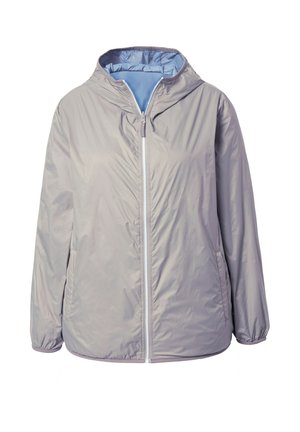 Lysegrå hættejakke med lynlås foran og sidelommer, let polstret med elastiske manchetter og lys blå inderfor.