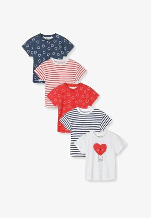 Five short-sleeve kids' t-shirts in red, white, and blue, featuring hearts, stripes, and a "sweet heart" graphic on the white shirt.
