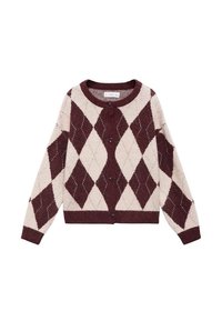 Burgundska in kremna cardigan z diamantnim vzorcem, dolgimi rokavi, okroglo ovratnico in gumbi na sprednji strani. Mehka pletena tekstura.