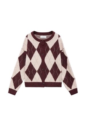 Gilet bordeaux et crème présentant un motif en losanges, des manches longues, un col rond et des fermetures à boutons sur le devant. Texture tricotée douce.