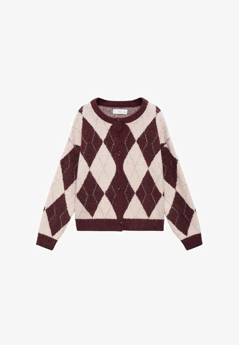 Burgundska in kremna cardigan z diamantnim vzorcem, dolgimi rokavi, okroglo ovratnico in gumbi na sprednji strani. Mehka pletena tekstura.