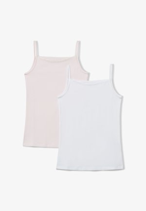Deux débardeurs exposés ensemble : l'un rose pâle et l'autre blanc, tous deux fabriqués à partir d'un tissu léger avec des bretelles fines et des encolures arrondies.