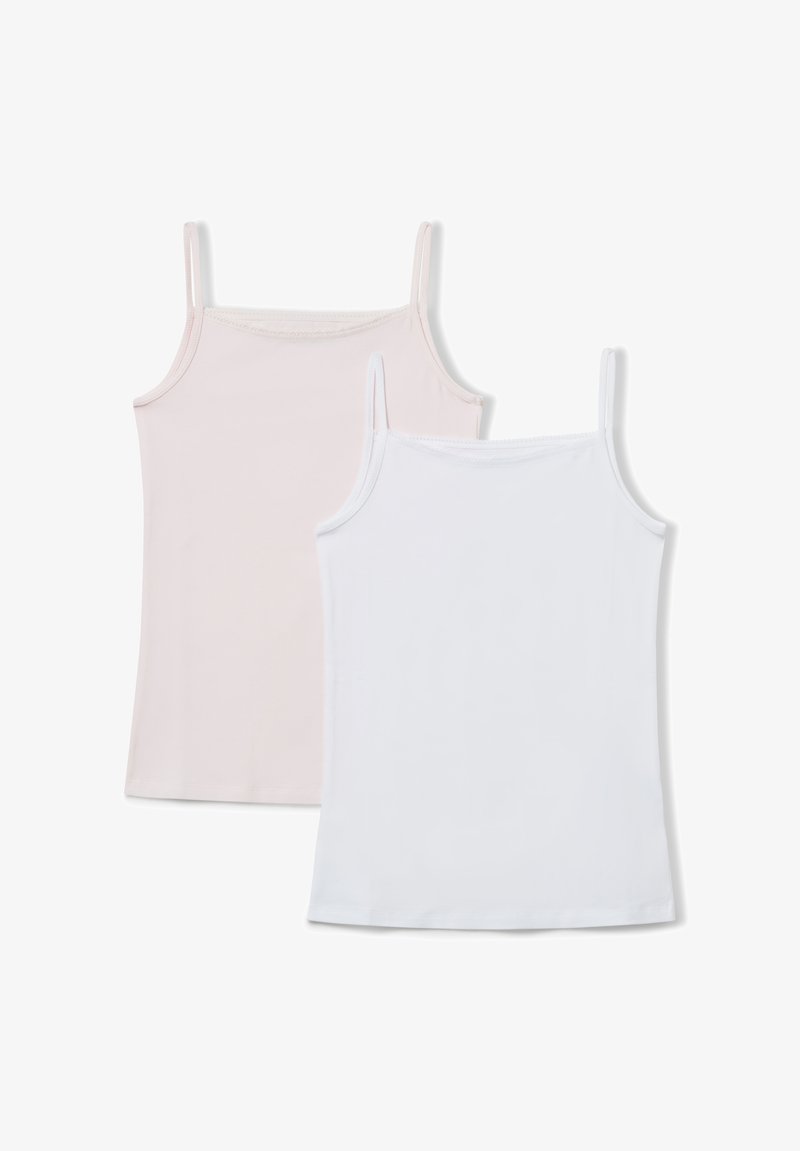 Deux débardeurs exposés ensemble : l'un rose pâle et l'autre blanc, tous deux fabriqués à partir d'un tissu léger avec des bretelles fines et des encolures arrondies.