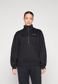 Pullover mezza zip in pile nero con colletto alto, polsini e orlo a costine, caratterizzato da un piccolo logo bianco sul lato sinistro del petto. Texture liscia.